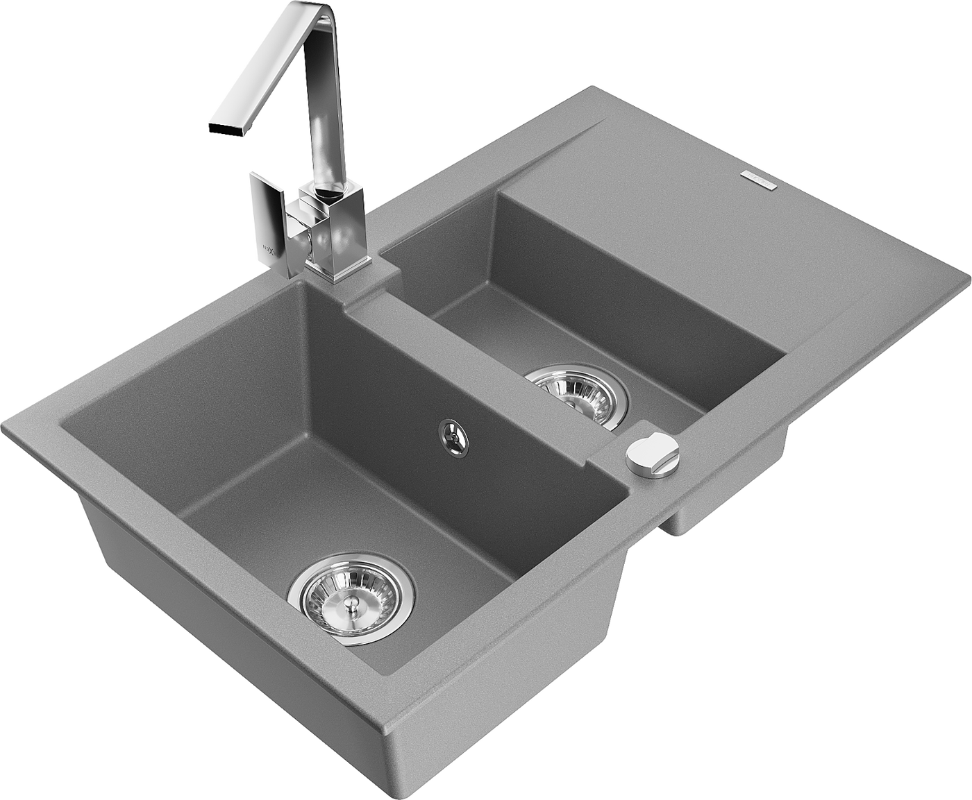 Mexen Gaspar 1.5-compartment granite sink with a drip tray and kitchen mixer tap Rita, Grey - 6507-71-670300-00