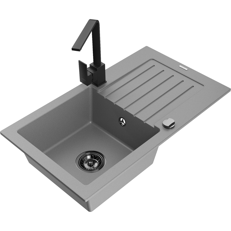 Mexen Pablo 1-compartment granite sink with a drip tray and kitchen mixer tap Rita, Grey - 6510-71-670300-70-B