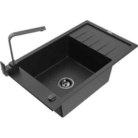 Mexen Elias 1-compartment granite sink with a drip tray and kitchen mixer tap Rita, Black/Silver metallic - 6511-73-670300-70-B
