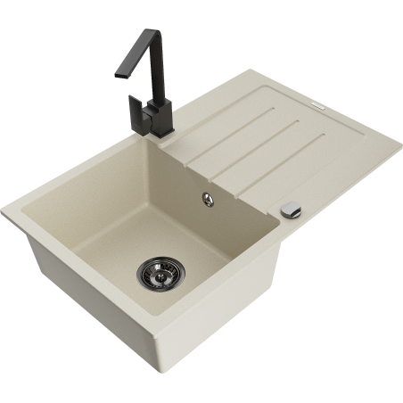 Mexen Bruno 1-compartment granite sink with a drip tray and kitchen mixer tap Rita, Beige - 6513-69-670300-70