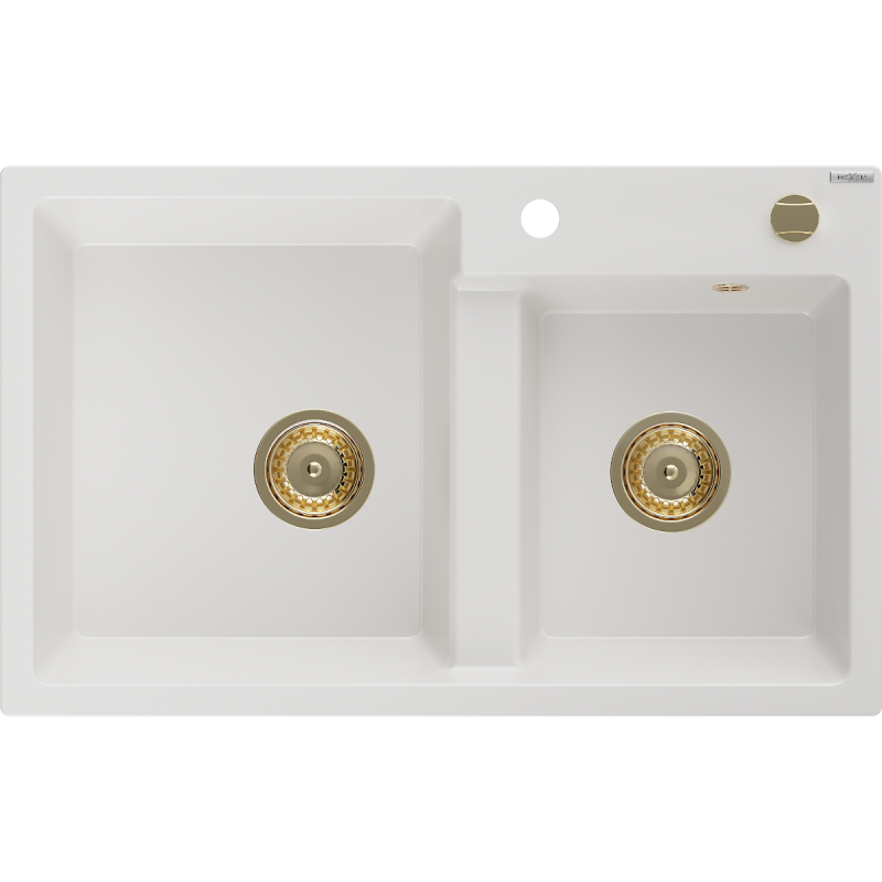 Mexen Tomas 2-compartment granite sink 800 x 500 mm, White, siphon Gold - 6516802000-20-G