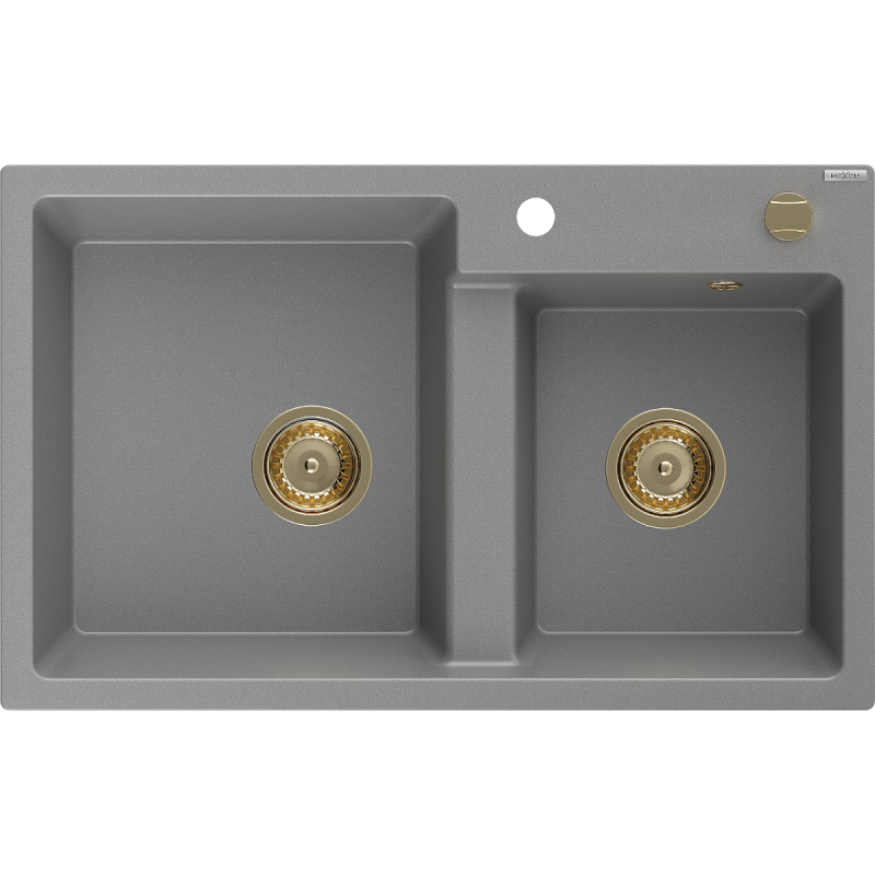 Mexen Tomas 2-compartment granite sink 800 x 500 mm, Grey, siphon Gold - 6516802000-71-G