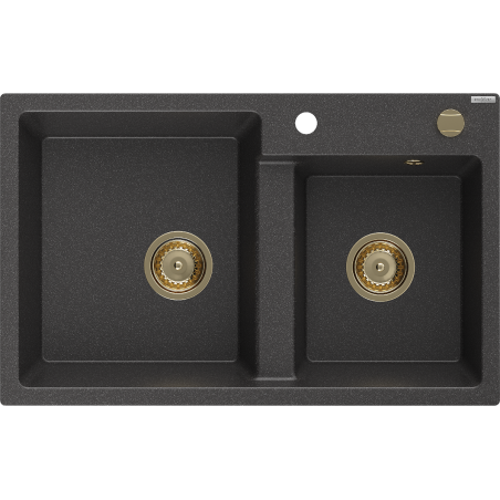 Mexen Tomas 2-compartment granite sink 800 x 500 mm, spotted black, siphon Gold - 6516802000-76-G