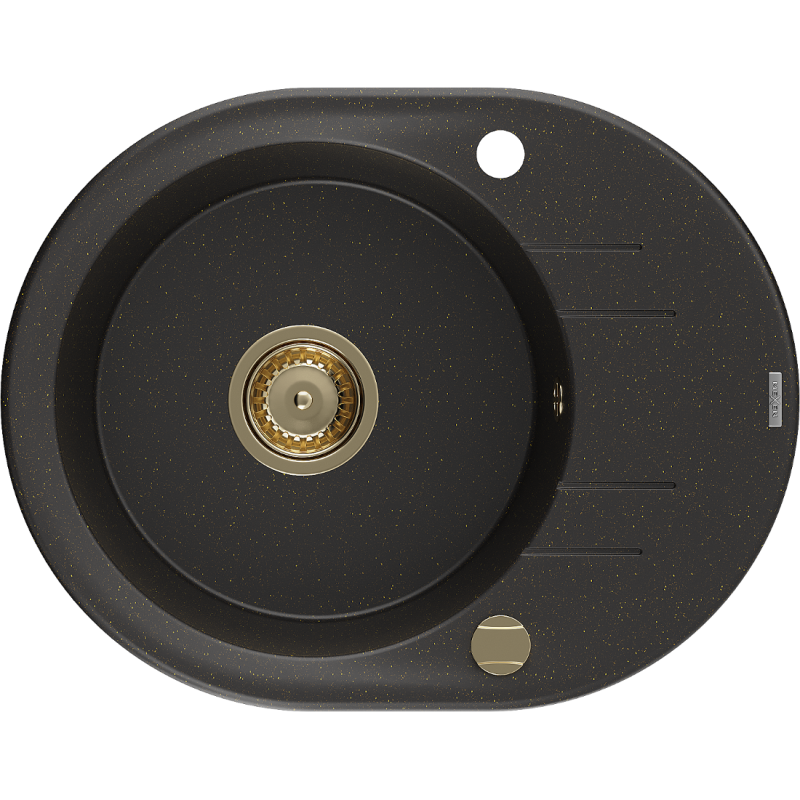 Mexen Kevin 1-compartment granite sink with a drip tray 586 x 458 mm, Black/Gold metallic, siphon Gold - 6517581005-75-G