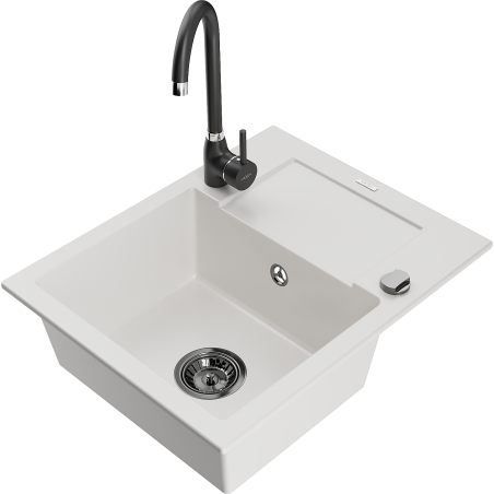 Mexen Enzo 1-compartment granite sink with a drip tray and kitchen mixer tap Telma, White - 6506-20-670200-70