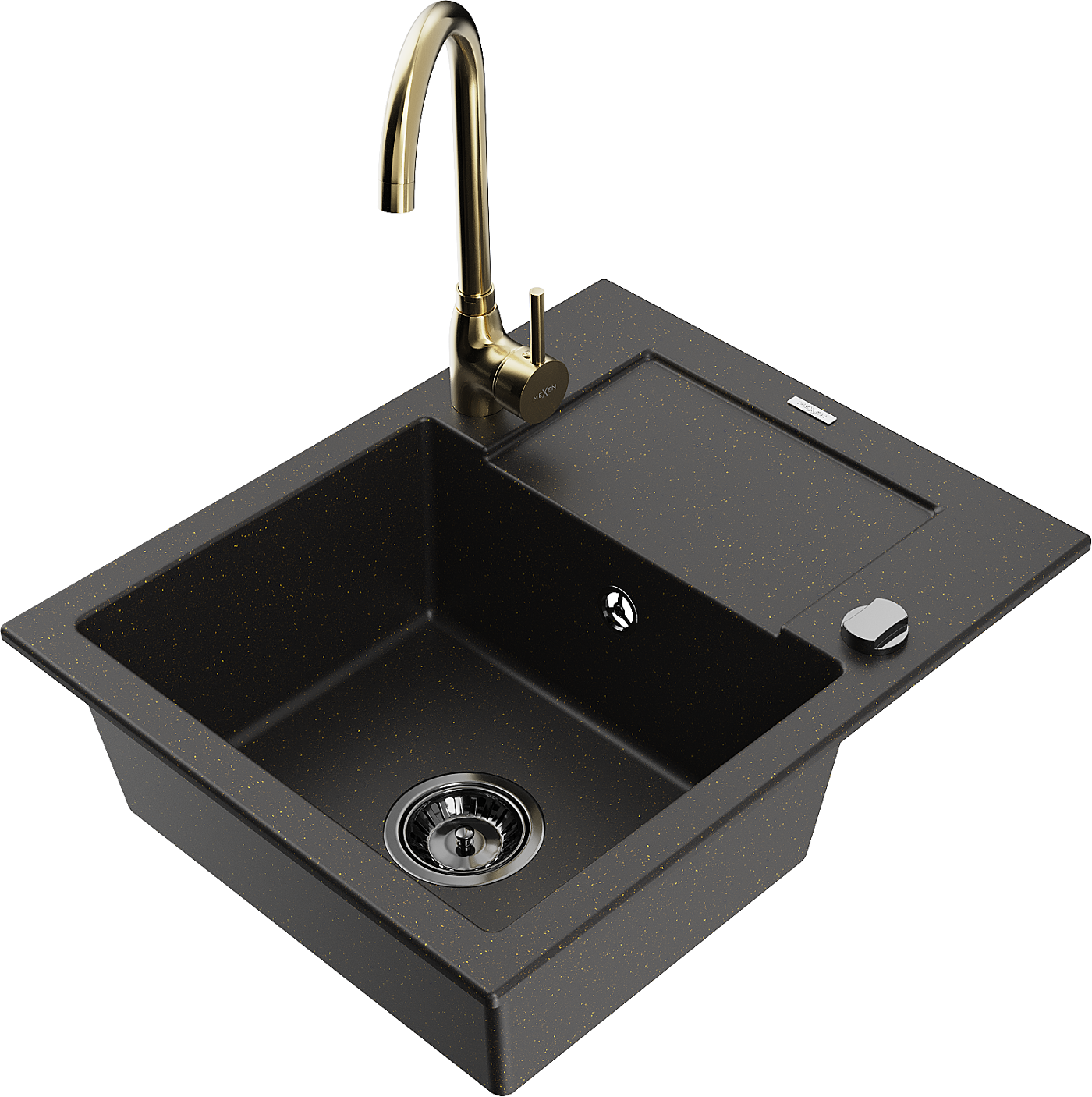 Mexen Enzo 1-compartment granite sink with a drip tray and kitchen mixer tap Telma, Black/Gold - 6506-75-670200-50-B