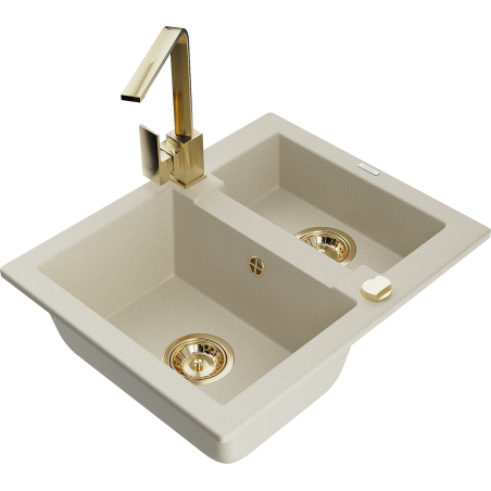 Mexen Carlos 1,5-compartment granite sink with a kitchen mixer tap Rita, Beige - 6518-69-670300-50