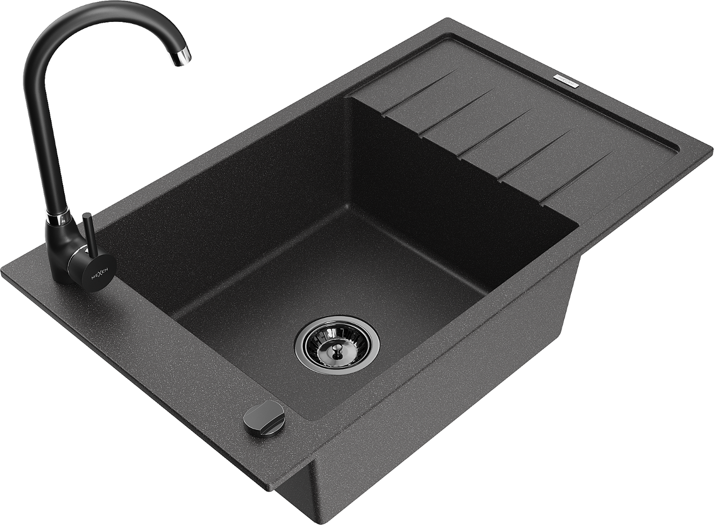 Mexen Elias 1-compartment granite sink with a drip tray and kitchen mixer tap Telma, spotted black - 6511-76-670200-70-B