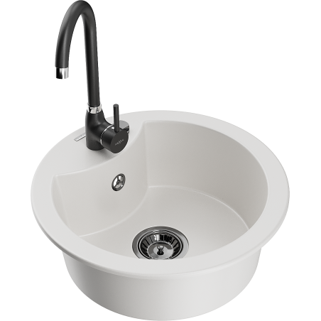Mexen Diego 1-compartment granite sink with a kitchen mixer tap Telma, White - 6512-20-670200-70