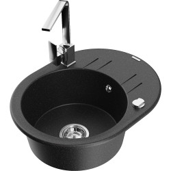 Mexen Kevin 1-compartment granite sink with a drip tray and kitchen mixer tap Rita, Black/Silver - 6517-73-670300-00