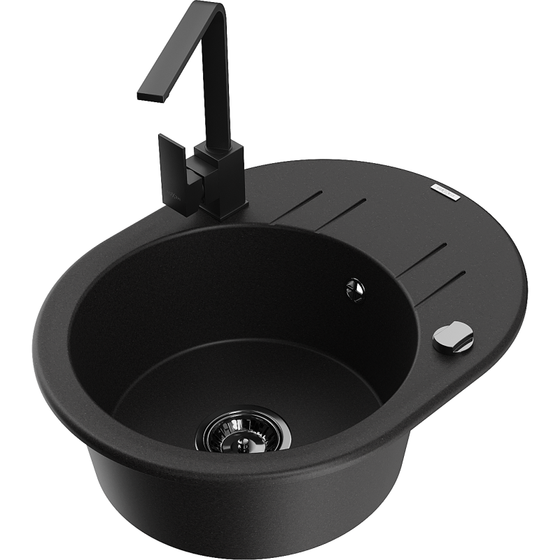 Mexen Kevin 1-compartment granite sink with a drip tray and kitchen mixer tap Rita, Black - 6517-77-670300-70-B