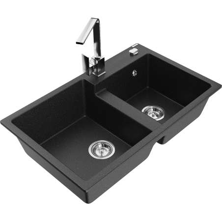 Mexen Tomas 2-compartment granite sink with a kitchen mixer tap Rita, Black/Silver metallic - 6516-73-670300-00