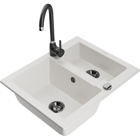 Mexen Carlos 1,5-compartment granite sink with a kitchen mixer tap Telma, White - 6518-20-670200-70