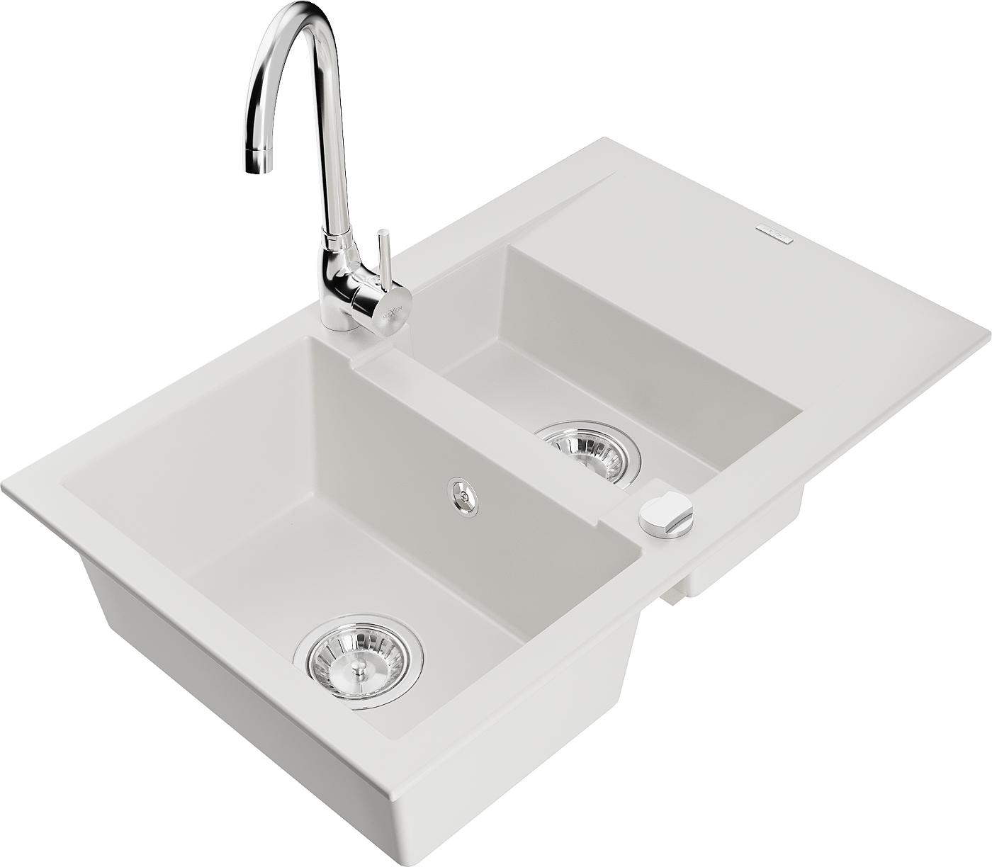 Mexen Gaspar 1.5-compartment granite sink with a drip tray and kitchen mixer tap Telma, White - 6507-20-670200-00