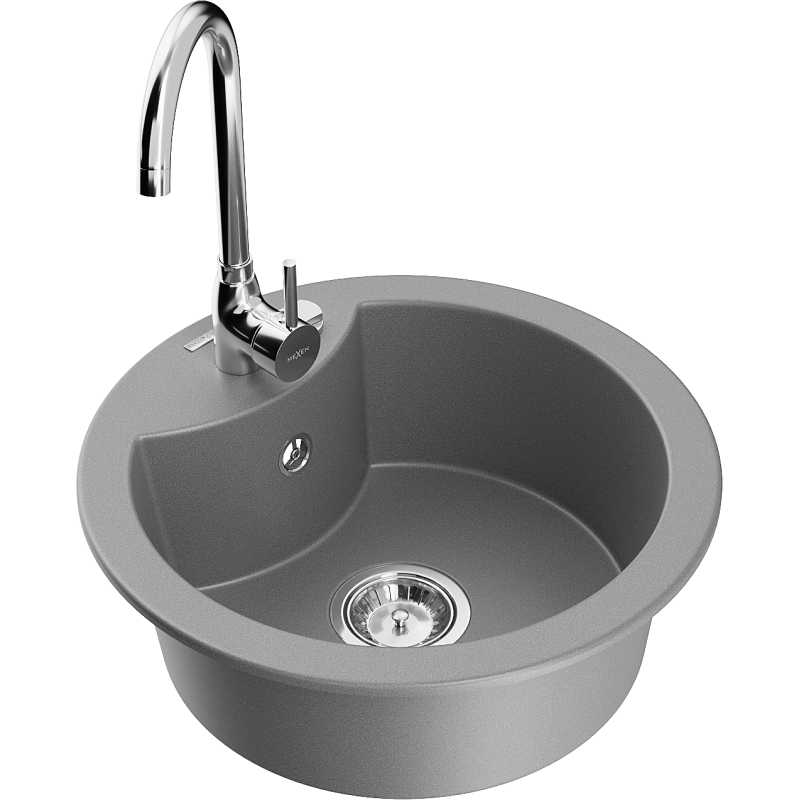 Mexen Diego 1-compartment granite sink with kitchen mixer tap Telma, Grey - 6512-71-670200-00