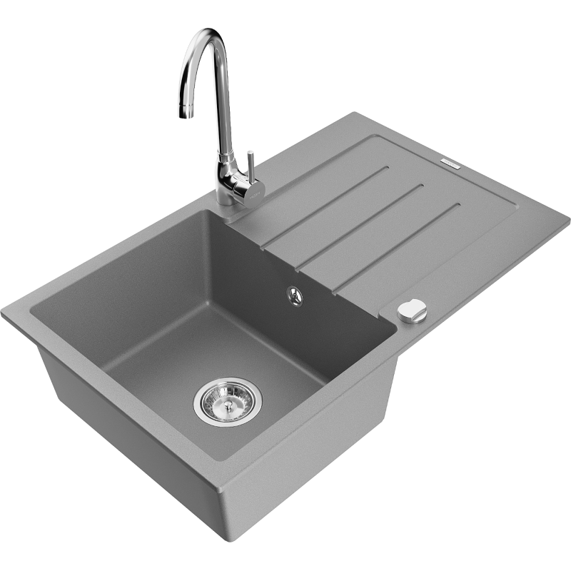 Mexen Bruno 1-compartment granite sink with a drip tray and kitchen mixer tap Telma, Grey - 6513-71-670200-00