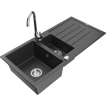 Mexen Andres 1.5-compartment granite sink with a drip tray and kitchen mixer tap Telma, Spotted black - 6515-76-670200-00