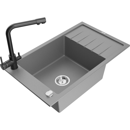 Mexen Elias 1-compartment granite sink with a drip tray and kitchen mixer tap Duero, Grey - 6511-71-671600-70