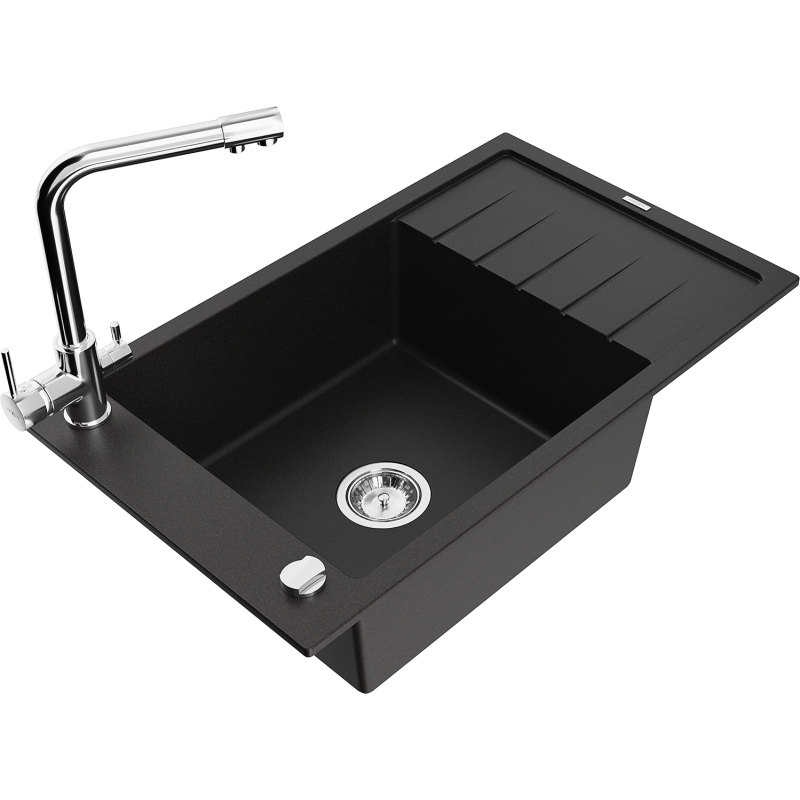 Mexen Elias 1-compartment granite sink with a drip tray and kitchen mixer tap Duero, Black - 6511-77-671600-00