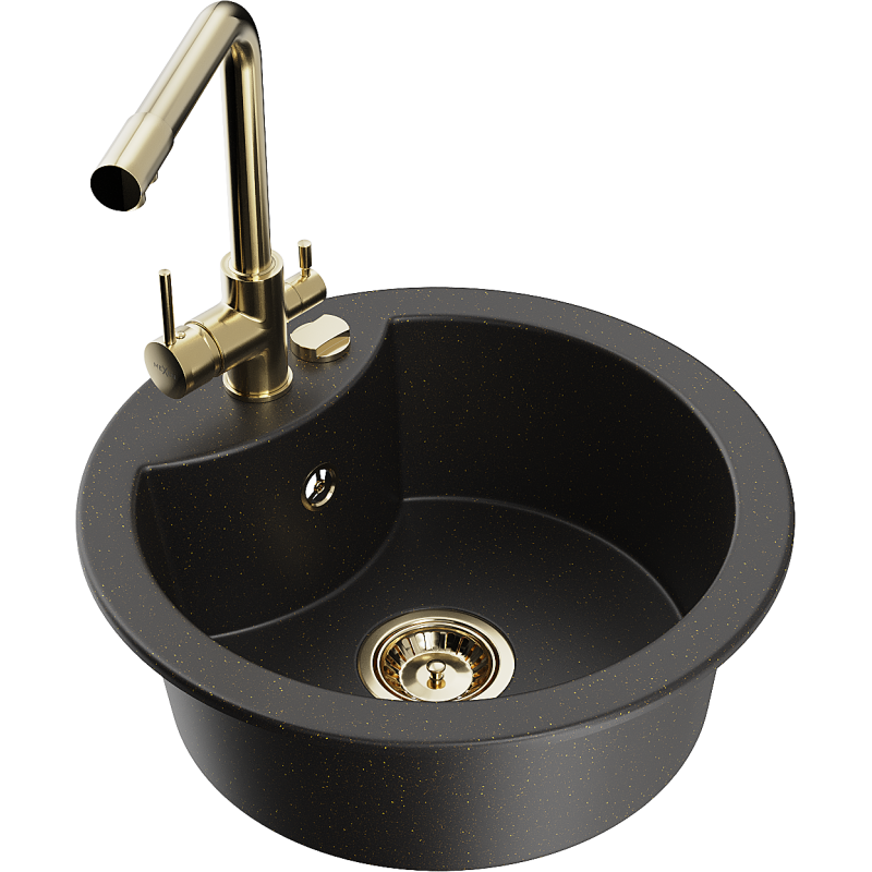 Mexen Diego 1-compartment granite sink with a kitchen mixer tap Duero, Black/Gold metallic - 6512-75-671600-50