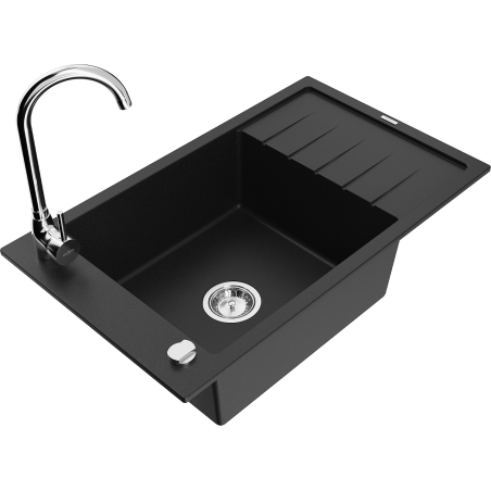 Mexen Elias 1-compartment granite sink with a drip tray and kitchen mixer tap Telma, Black - 6511-77-670200-00
