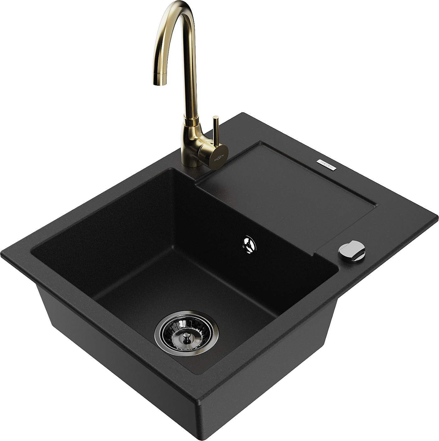 Mexen Enzo 1-compartment granite sink with a drip tray and kitchen mixer tap Telma, Black - 6506-77-670200-50-B